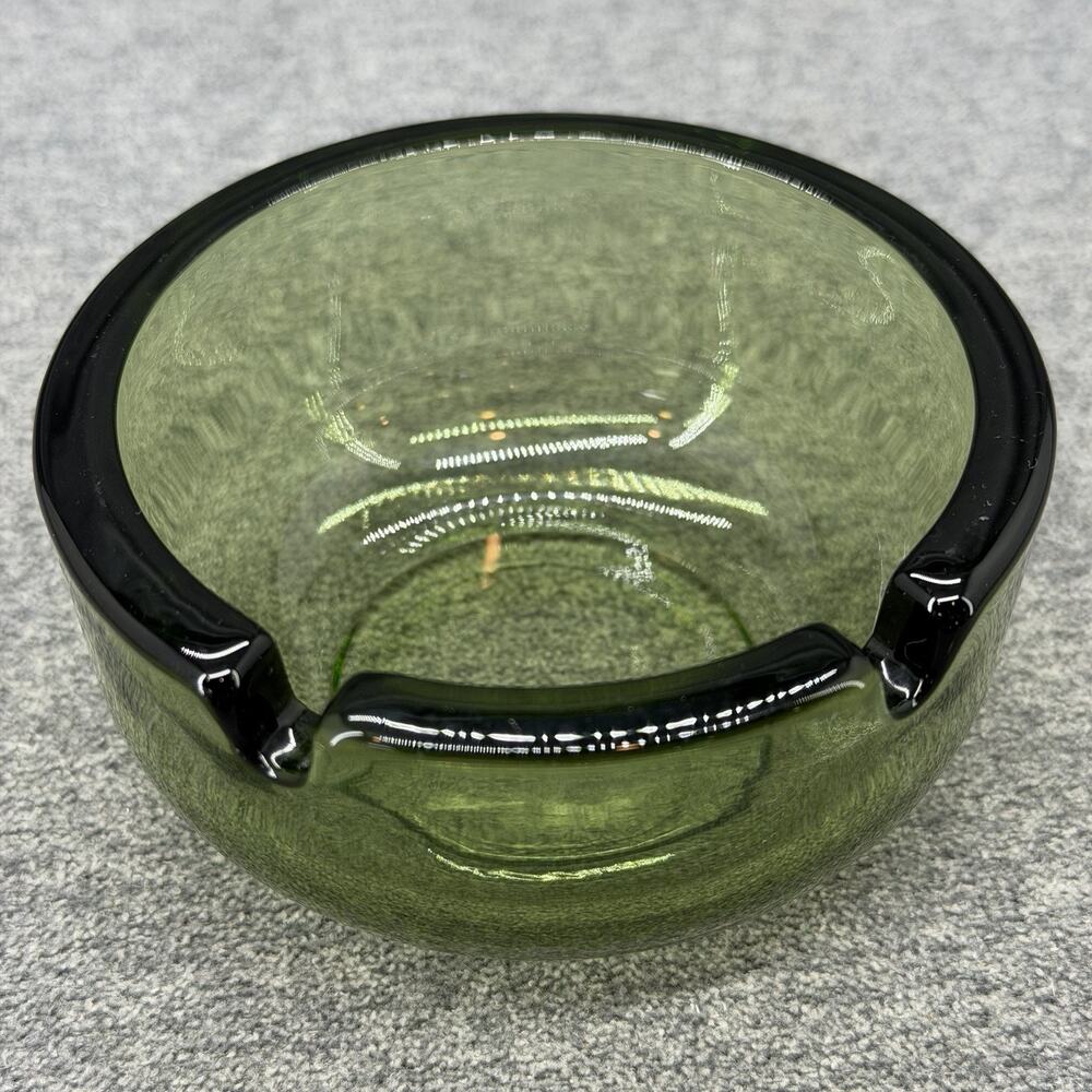 Vintage Olive Green Heavy Glass Round Ashtray 2 Slot Mid Century Modern 3.75"